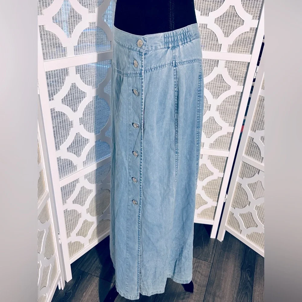 XL LAFEI-NIER COTTON LONG SKIRT DENIM JEAN CHAMBRAY BEADED BLUE SOFT BOHO - Picture 9 of 15